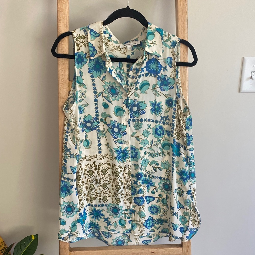 Rose & Olive Floral Button-Up Blouse - Blue and Green